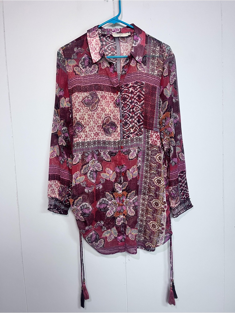 Cream Boho Patchwork Paisley Tunic Button-Up Blouse w/ Tassel Ties Size 34